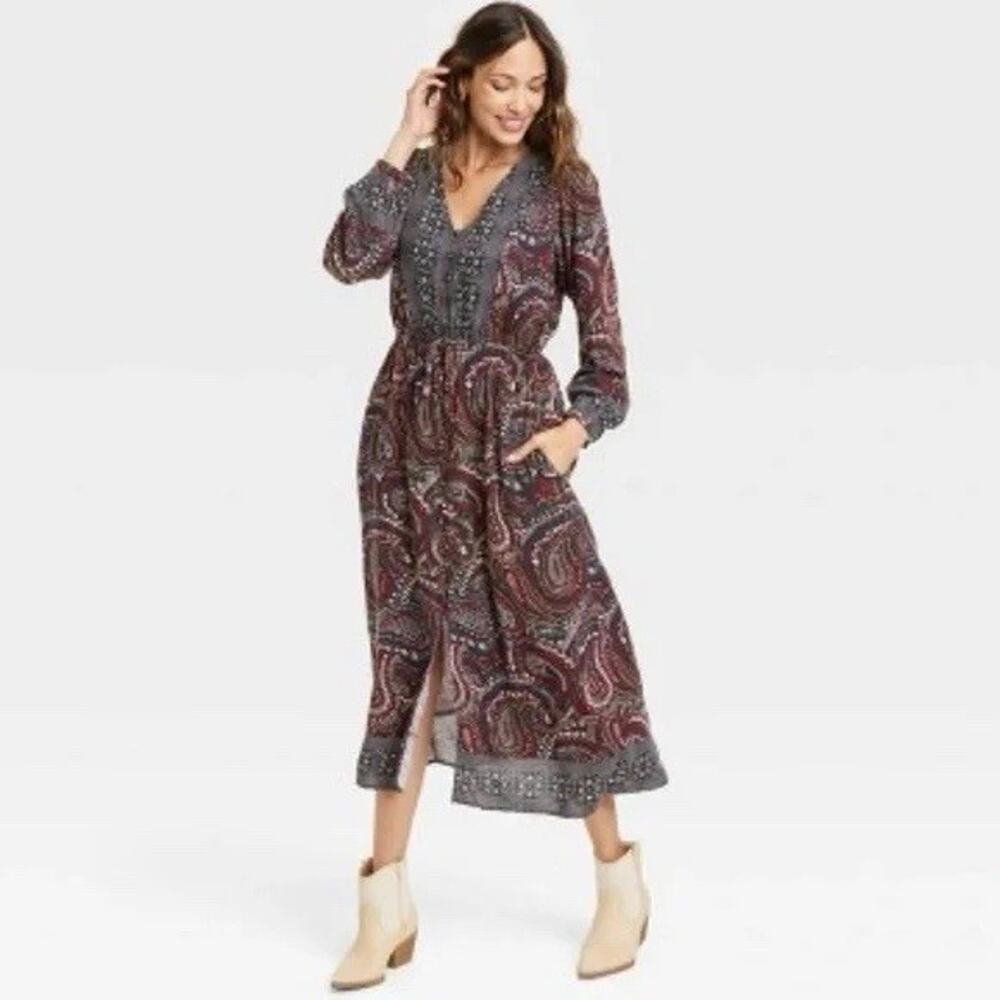 Knox Rose Long Sleeve Button‎ Front Midi Dress Size Large Paisley Boho